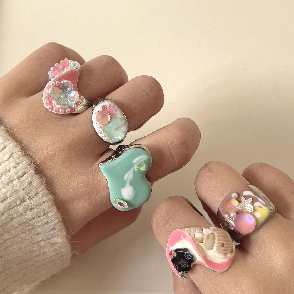 Geometric Enamel Love Heart Ring Open Ring Irregular Enamel Ring Painting Ring  Women