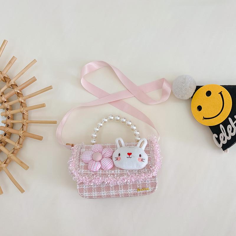 Стильная корейская версия детской мини-сумки через плечо Очаровательный дизайн с кроликом и жемчугом Pink Check