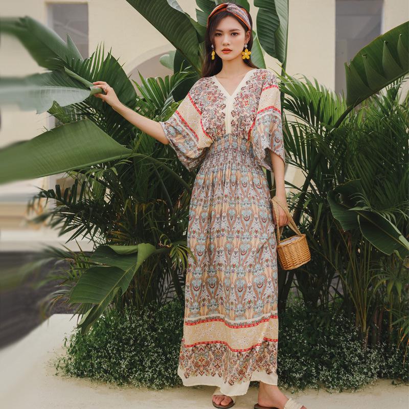 

Ethnic Style Bohemian Print Maxi Beach Dress - Plus Size L абрикосовый
