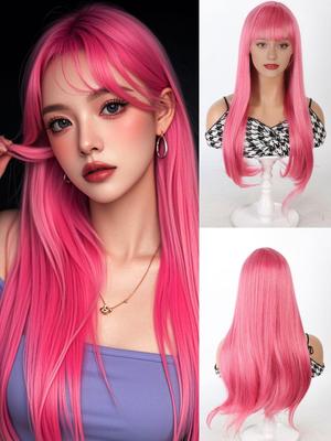 24 Zoll lange, rosafarbene, glatte Synthetikperücke für Damen mit Pony, flauschige, natürliche Lolita-Cosplay-Perücke, hitzebeständiges Haar für Weihnachten und die tägliche Party