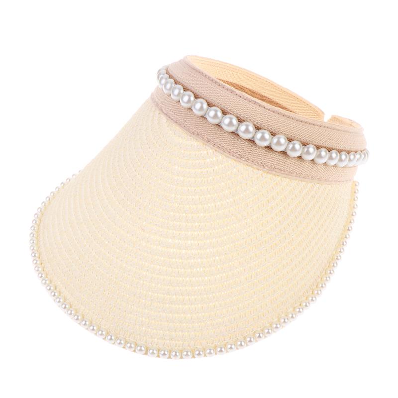 Imitation Pearl Empty Top Straw Hats For Women Casual Summer Beach Visor Caps Foldable Wide Large Brim Sun Uv Protection Caps