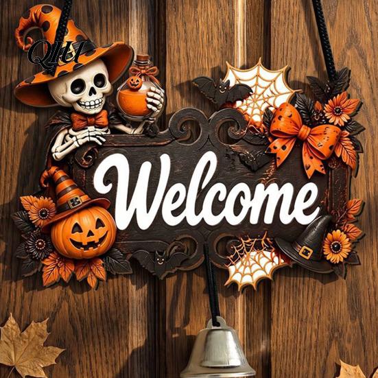 3D Floral Pumpkin Wall Art Halloween Ghost Wooden Welcome Door Hanger Sign, Cute Ornament with Bell Durable Sign for Porch Hanging Rope, Decor Indoor