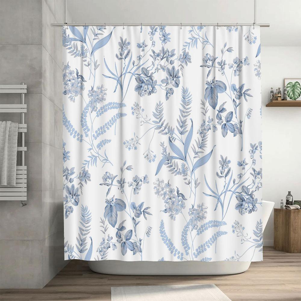 Classic Blue Floral Shower CurtainBathroom Decor with White Flower Print Waterproof Fabric Perfect for Home Bathrooms