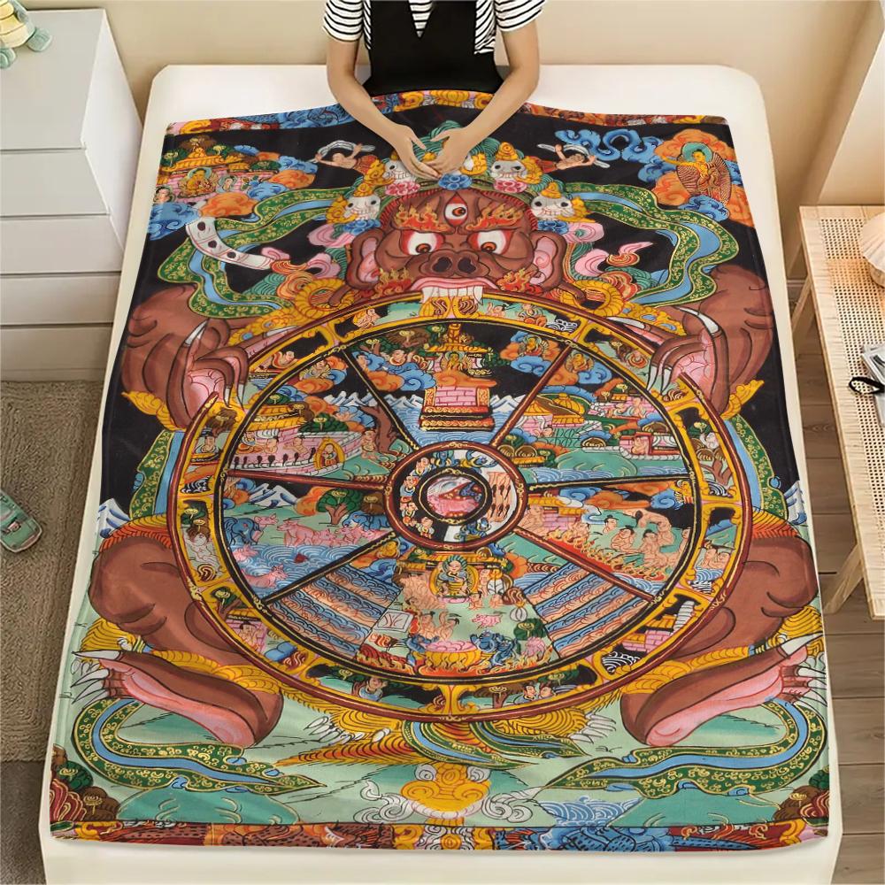 1Pc Buddhism Wheel Print Flannel Blanket, High quality Comfortable for All Seasons, Home Decor, Warmth and Comfort, Perfect for Christmas Gifts