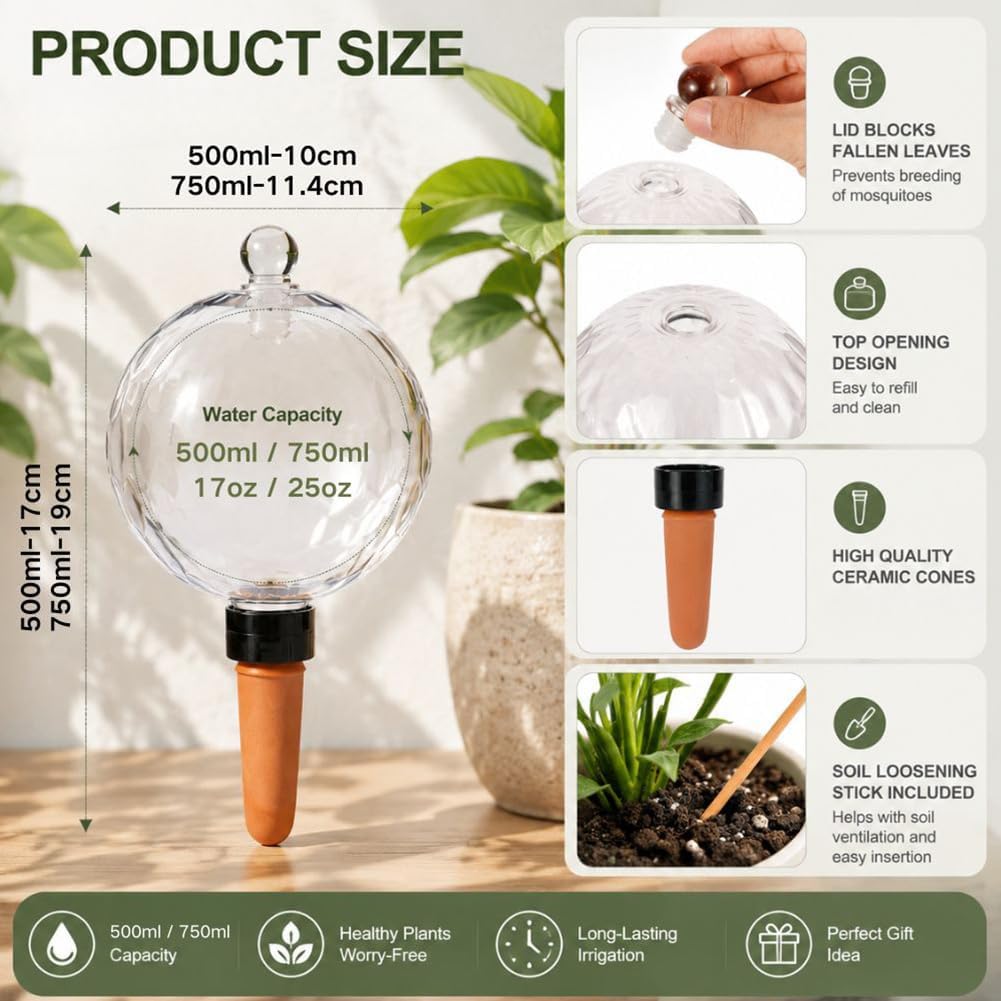 4PCS Self Plant Watering Globes Automatic Waterer with Terracotta Spikes for Vacations Plant Care with Slow Water for Consistent Hydration