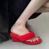 Fashion Red Fashion Round Toe Ladies Wedges Slippers Shoes Footwear Flock Women Wedges Slippers Shoes Female Sandals Slides Flip flops
