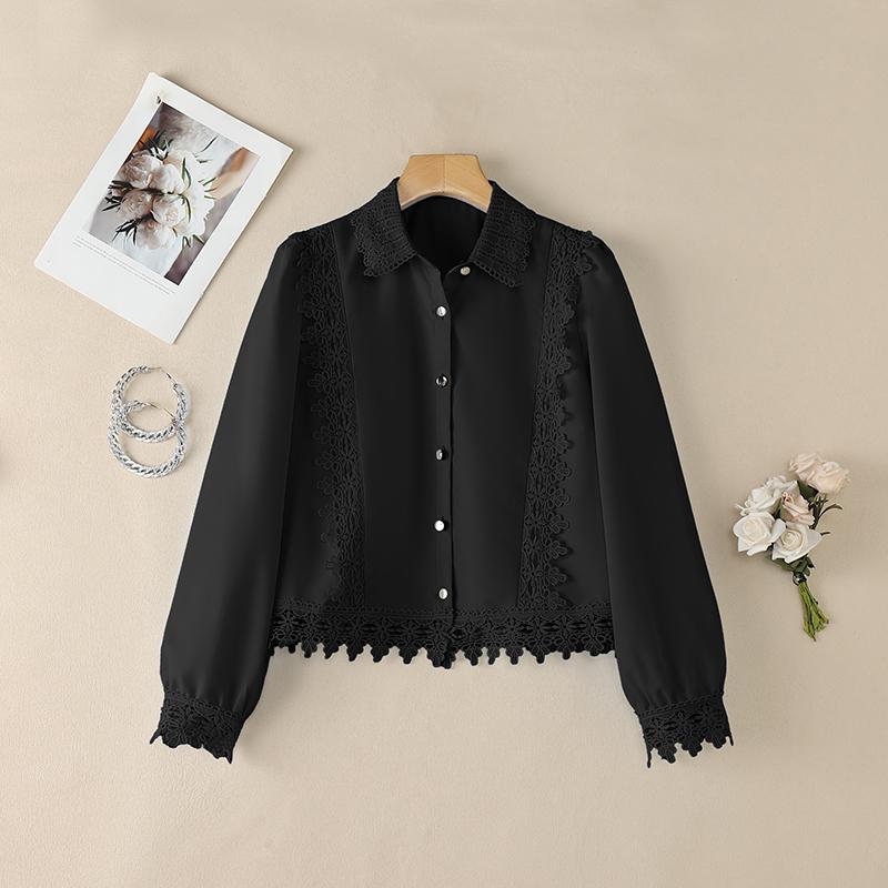 ZANZEA Women Casual Turn Down Collar Long Sleeve Lace Splice Blouse