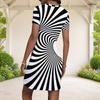 Women Plus Size Round Neck Short Sleeve Black White Printed Fitted Mini Dress