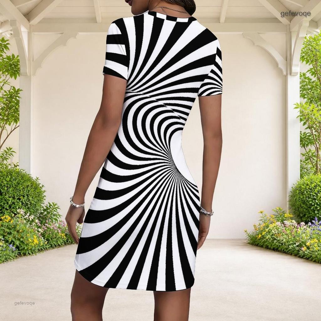 Women Plus Size Round Neck Short Sleeve Black White Printed Fitted Mini Dress