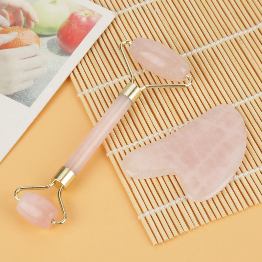 Natural Double Head Rose Quartz Jade Stone Roller & Scrapping Plate Face Massage Tool Kit