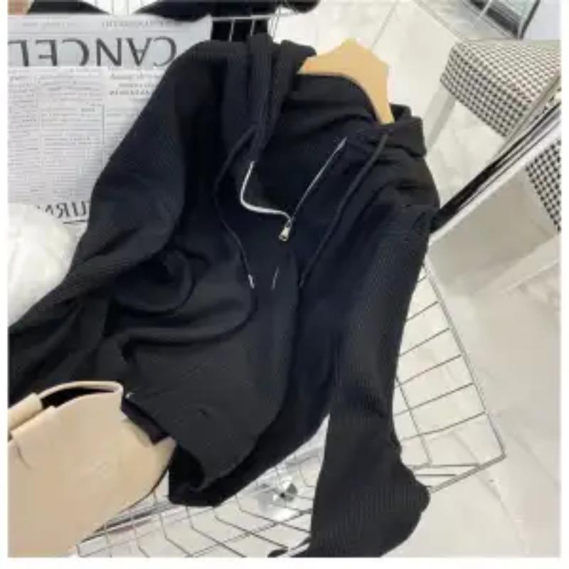 Waffle Pattern Hooded Sweatshirt Women's Autumn New Loose Slimming Unique Design Spring Summer Jacket Women Zipper Cardigan
