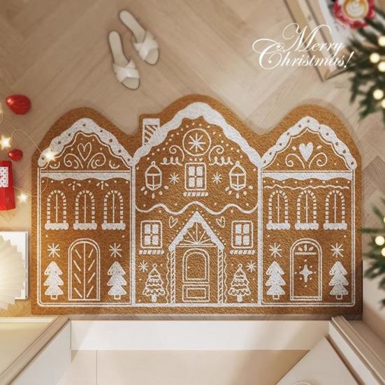 Christmas Entrance Rug Gingerbread House Floor Mat Dirt Scrubber Washable Vintage Holiday Doormat with Non-Slip Backing for Front Door Entryway Porch