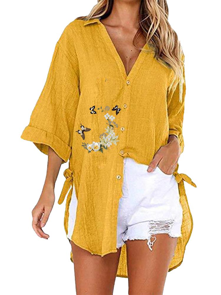 

Women V Neck Print Blouse Casual Mid-Sleeve Top Ladies Fashion Loose T-shirt 5XL жовтий