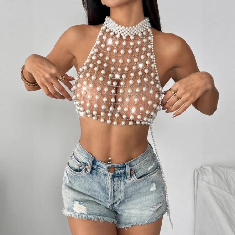 Pearls Body Chain Bra Multilayer Pearls Chest Chain Body Accessories Jewelry for Women Nightclub Raves Body Jewelry