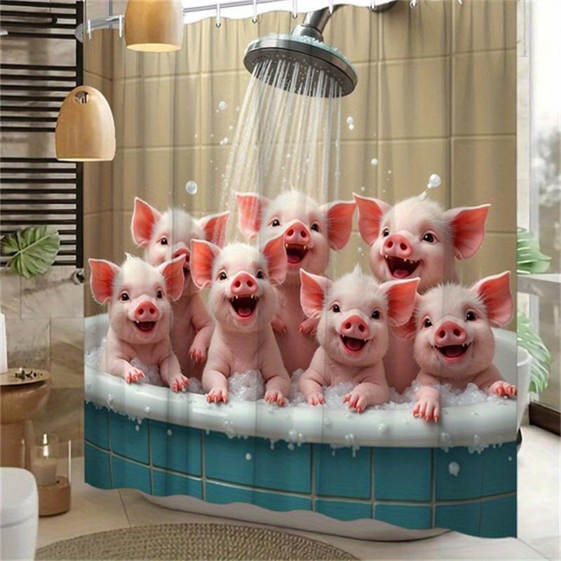 1pc Shower Curtain, Polyester Fabric, Fashion Theme with Playful Baby Pigs Splashing in Bathtub Design, Washable