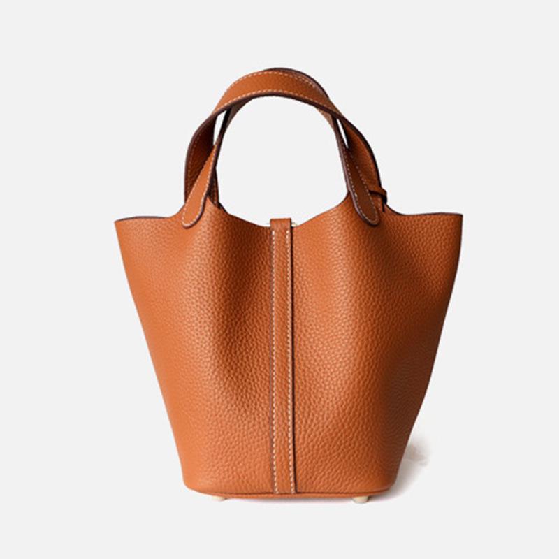 Women's Genuine Leather Bucket Handbag - Large Capacity, High-End Cowhide Veggie Basket Style