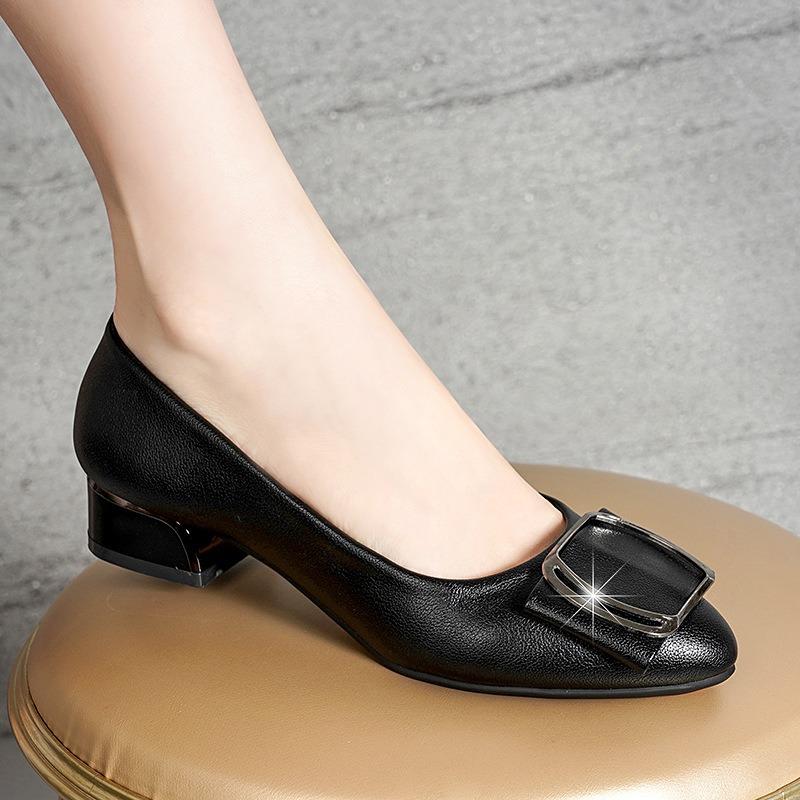 Retro fashion thick heel single shoes women's spring light mouth low heel soft sole versatile solid color leather shoes soft leather