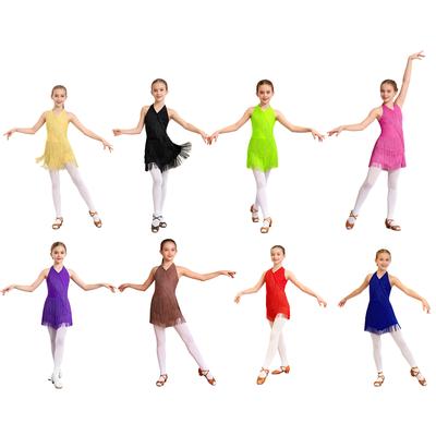 Kids Girls Latin Leotard Dress Dance Costume Rhinestones Fringe Bodysuit Skirted Dress Halter V-neck Sleeveless Tassel Jumpsuit