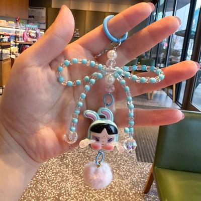 Cartoon Crying Doll Bow Keychain Sweet Cute Bowknot Beaded Keyring Bag Pendant Key Hanging Decoration Accessories Girls Gift