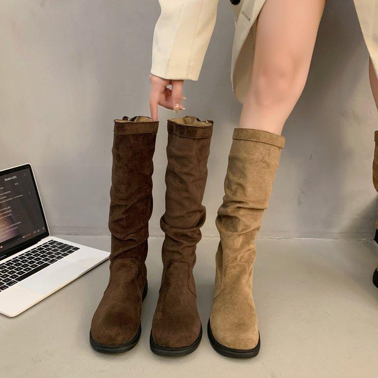 Cowhide Edition~ Maillard Western Cowboy Boots Women's Retro Folded Skinny Pile Boots Frosted Suede Flat Bottom Boots