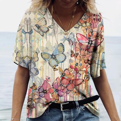 2024 Summer Butterfly Animal Pattern 3d Abstract Painting Women's V-neck T-shirt Loose Casual Street Multi-color Top For Girls