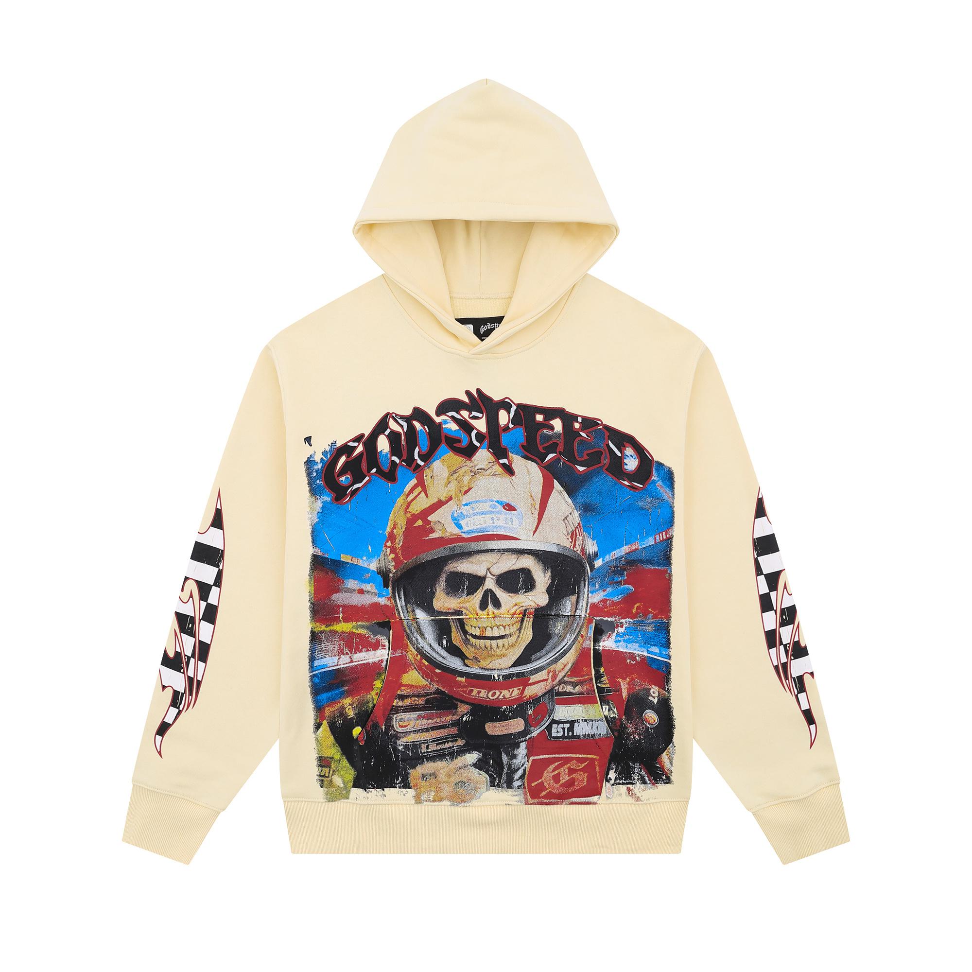 

Vintage Washed Racing Skull Checkered Sleeve Hip Hop Hoodie Men s and Women s Pullovers S