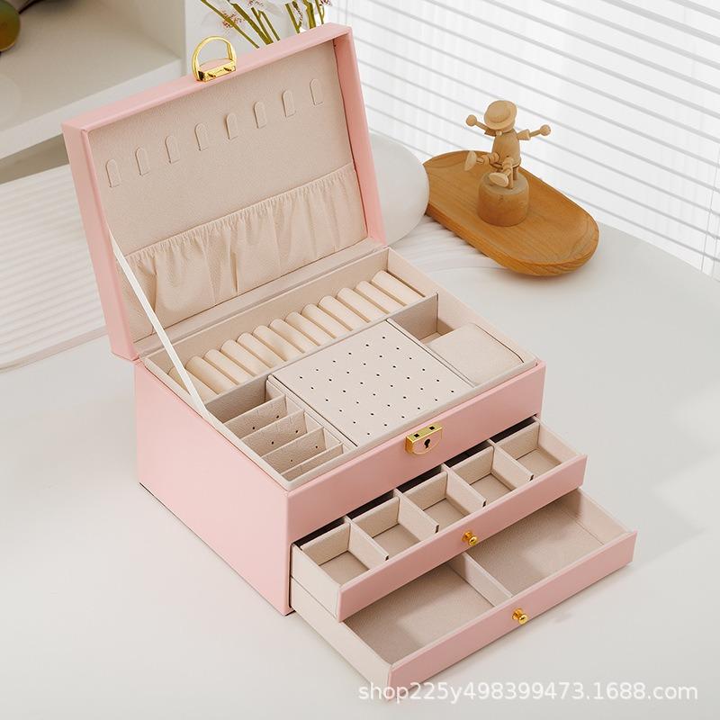 Three Layer Leather Jewelry Multifunctional Storage Box with Lock