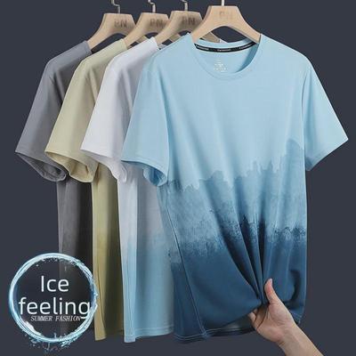 Camiseta Masculina de Malha de Seda Gelada com Secagem Rápida e Efeito Degradê, Manga Curta, Respirável, Tendência Verão 2023.
