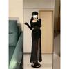 Niche Black Mesh Splicing Split Fork, Waist and Thin Temperament Elegant Romantic Versatile Casual Dress