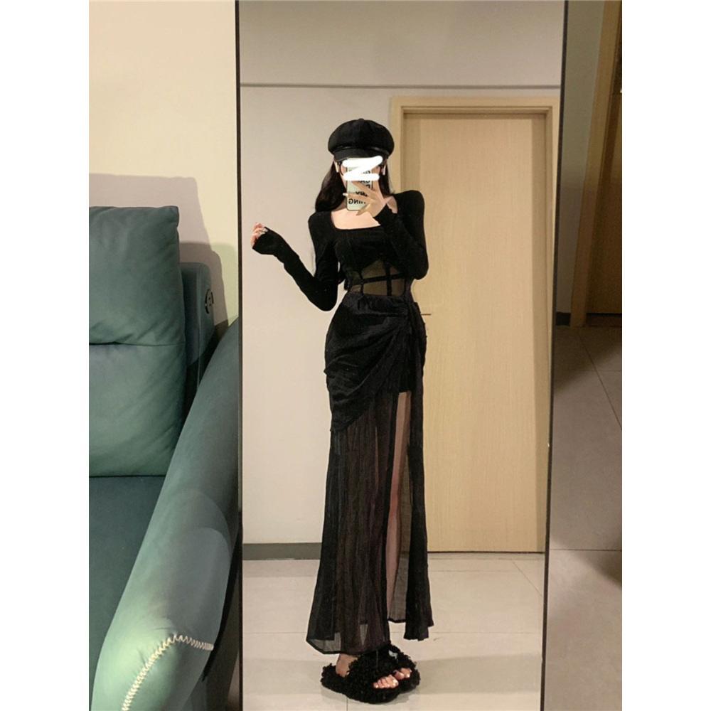 Niche Black Mesh Splicing Split Fork, Waist and Thin Temperament Elegant Romantic Versatile Casual Dress