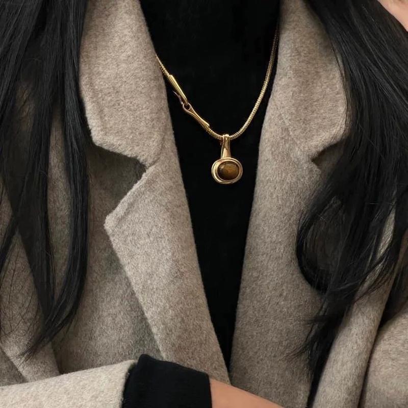 Tiger Eye Stone Pendent Necklace Women's Fashion Jewelry Accessory Coffee Color Chain Beads Jewelry Accessories