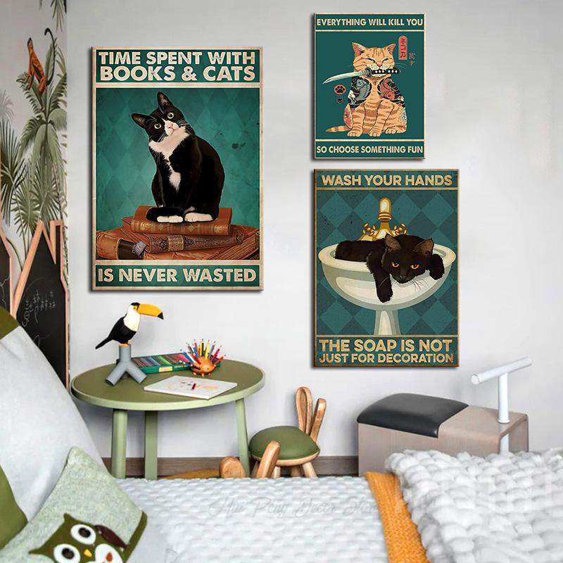 Funny Animal Wall Art Canvas Painting Fancy Sweet Cat Canvas Art Poster and Prints for Bathroom Living Room Home Decor Pictures