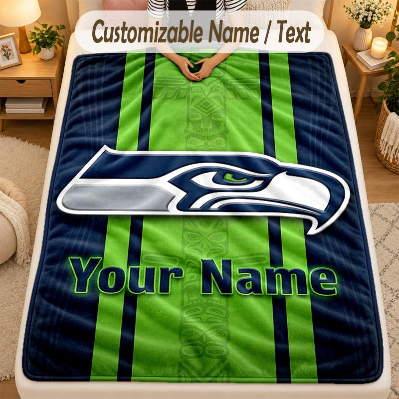 Flannel BlanketSeattle Seahawks Custom Name Text Personalized Soft Warm Throw Blanket Home Decor Gift