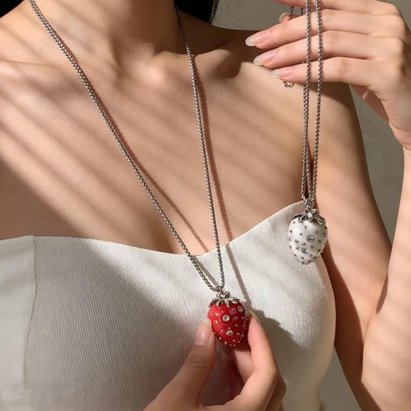 Collar de Zirconita de Fresa Para Mujer Minimalista Lindo Dulce Cadena de Suéter de Lujo