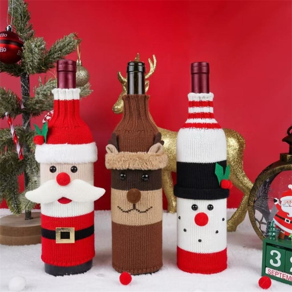 Christmas Knitted Wine Bottle Sleeves, Beer Bottle Sleeves, Snowman and Reindeer Themed Festive Table Decorations Wholesale