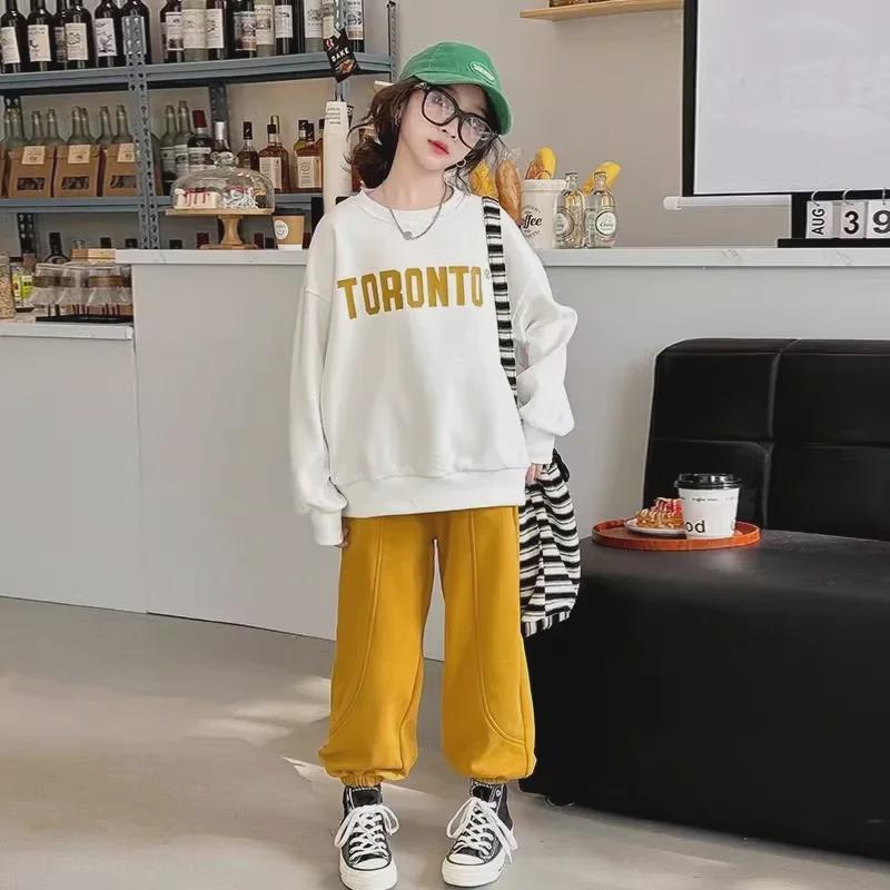 2024 Girls' Stylish Two-Piece Suit: Casual Sweatshirt & Sports Pants for Big Kids