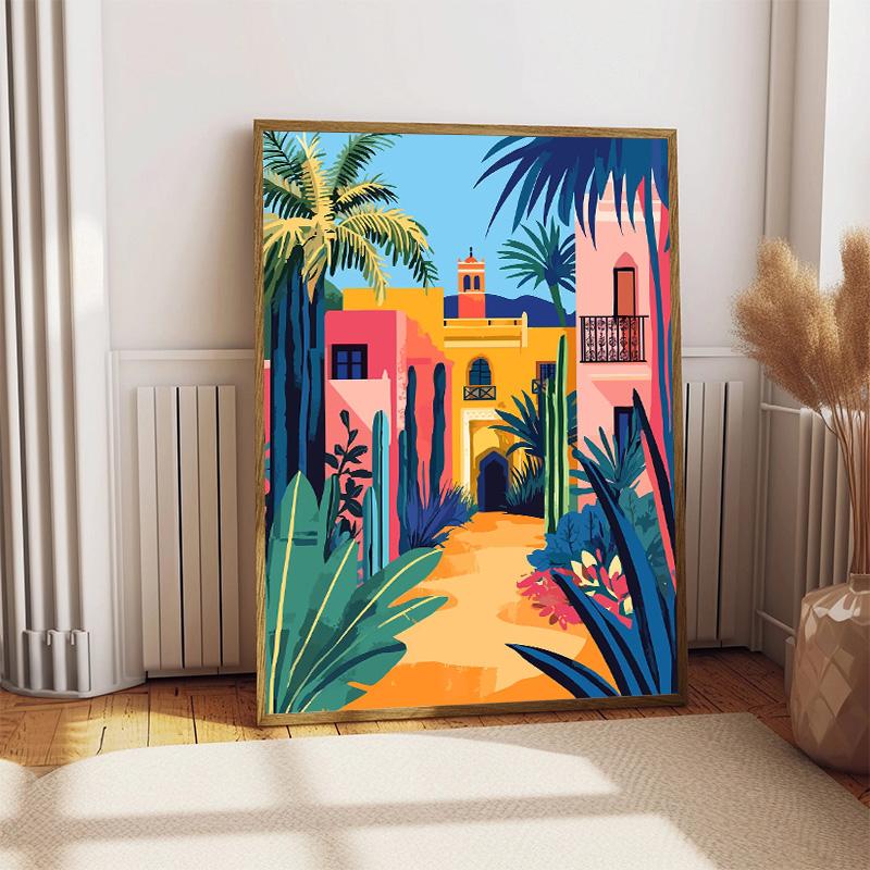 Vintage Vasen und Pflanzen Marokkanischer Innenhof Mediterranes Dorf Poster Leinwandbild Druck Wandkunst Bild Zimmer Heimdekoration
