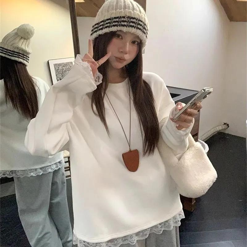 Women s Fall Relaxed-Fit Lace Trim Round Neck Long Sleeve T-Shirt Casual Loose-Fit Slimming Layering Top XS
