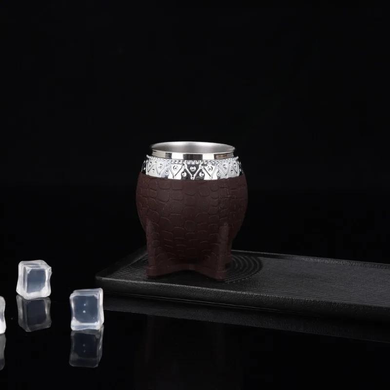 Tazza Mate a Doppio Strato in Acciaio Inossidabile con Cannuccia Cucchiaino Texture Guscio d'Uovo Tazze con Fondo Piatto Tazze Creative da Cucina Bicchieri da Bevande
