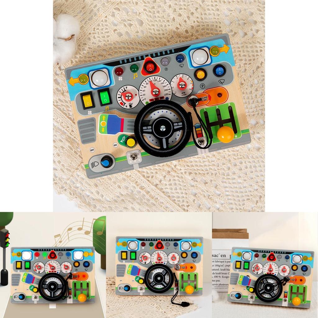 Wooden Childrens Simulated Steering Wheel Led Switch Busy Board Educational Toy For Early Learning