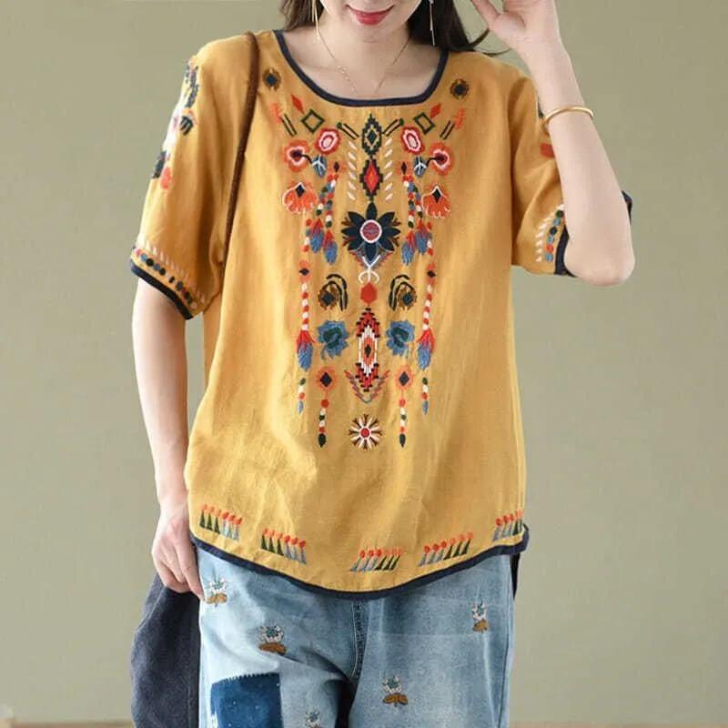 Cotton and Linen Short-sleeved T-shirt Women's Loose Large Size Retro Literary Top Round Neck Embroidered Ethnic Style Summer New Style