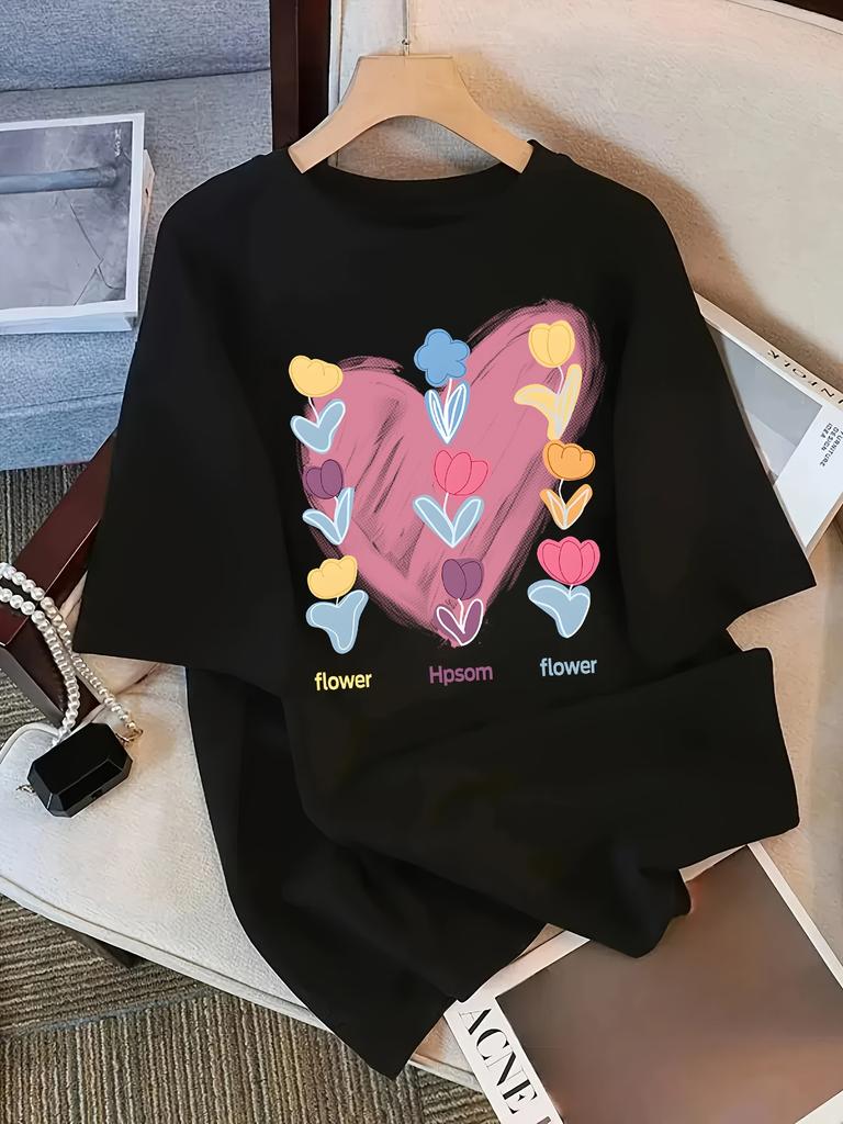Casual Women's T-shirt Clothing Street Tops Tees Aesthetic Clothes T-Shirt with Heart and Flower Print Harajuku Short Sleeve