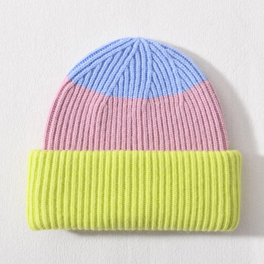 Color Matching Rabbit Plush Wool Hat Double-layer Flipped Brim Versatile Knitted Hat Warm Autumn and Winter Fashion Windproof Striped Hat Women