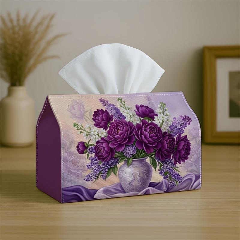1pc Botanical Floral Romantic- Decorative Tissue Box, Purple Bouquet Elegant Rich- Suitable for Home, Parties, Cars, Kitchens- Tissue Holder for Daily