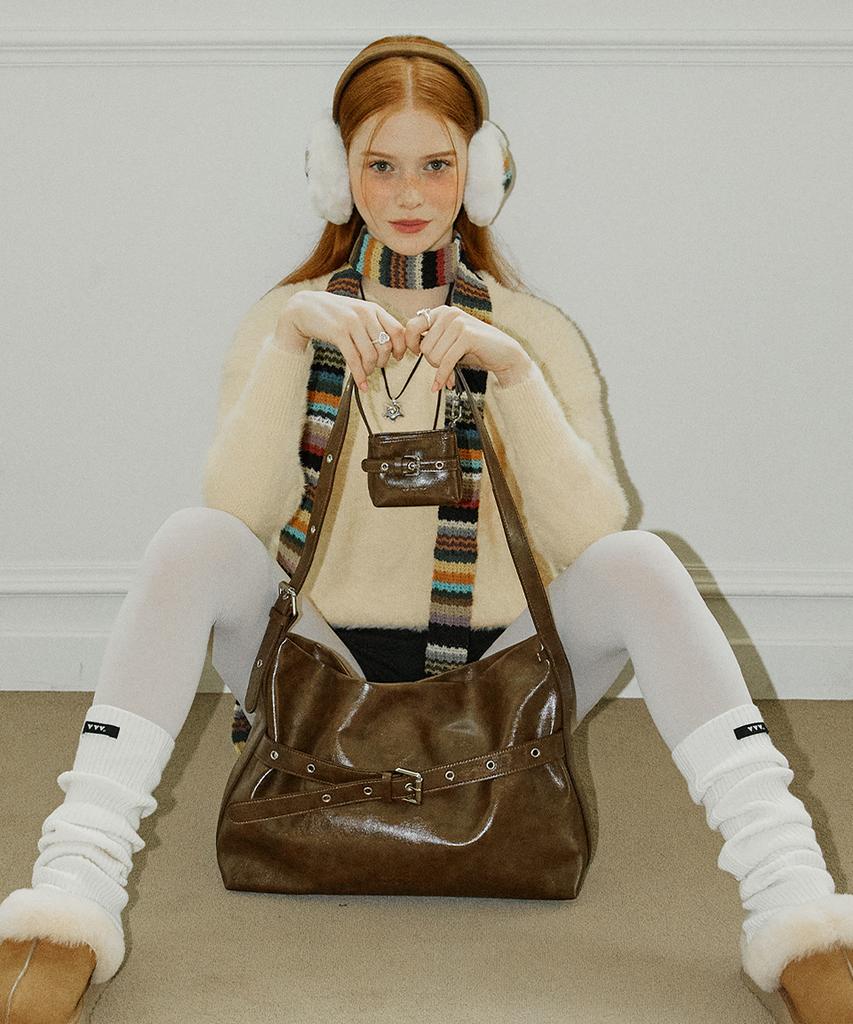 Vvv [Set] Buckle Hobo Shoulder Crossbody Bag _ Brown