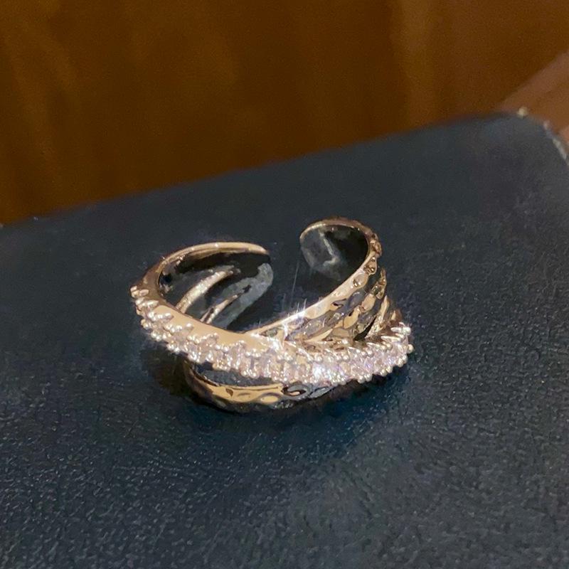 Korean Zircon Multilayer Crossover Open Ring: High-End Light Luxury Index Finger Jewelry