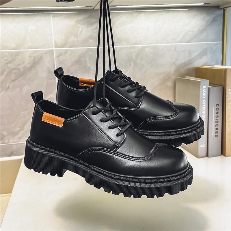 Business Small Leather Shoes Men's Formal British Style Platform Heightening Shoes Pure Black Casual Simple Men's Shoes Autumn