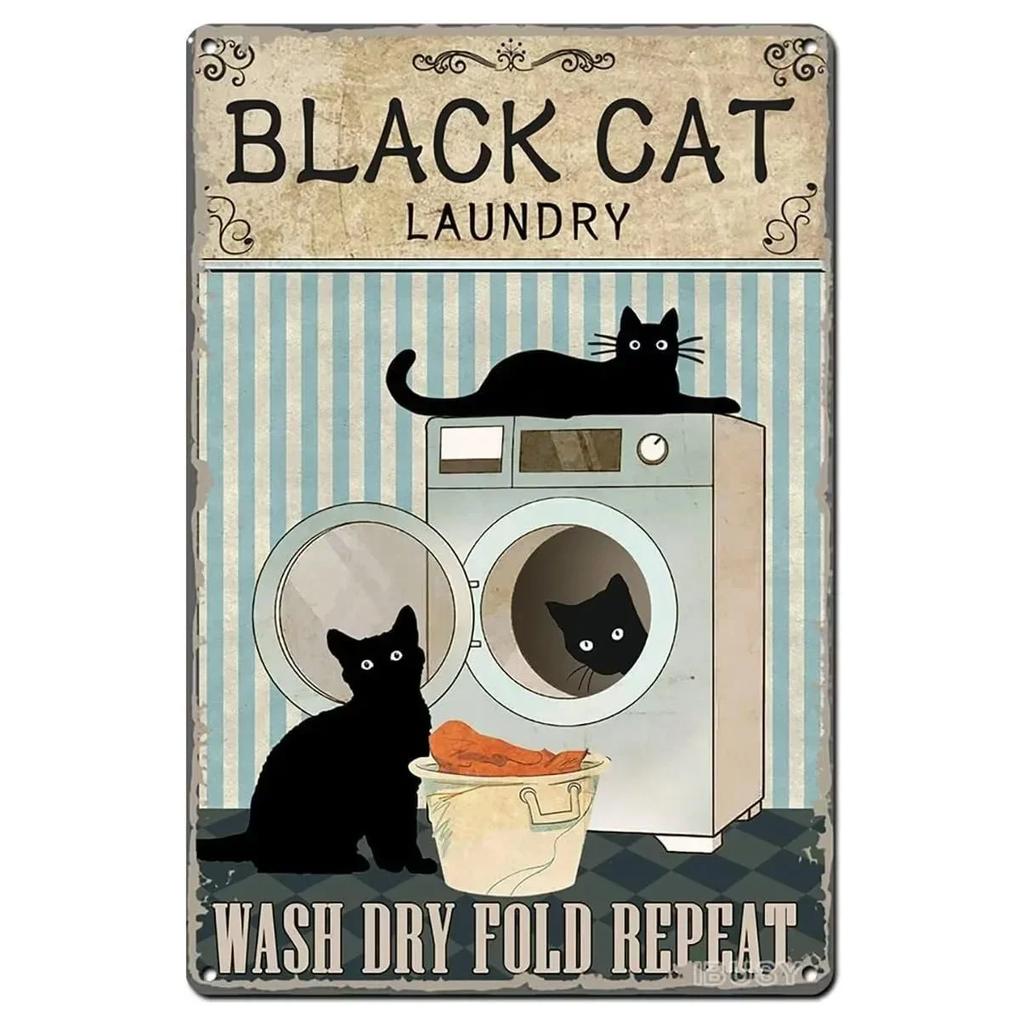 Vintage Fun Laundry Room Metal Tin Sign Plaque Black Cat Posters Decorative Plates For Home Laundry Room Bathroom Wall Decor