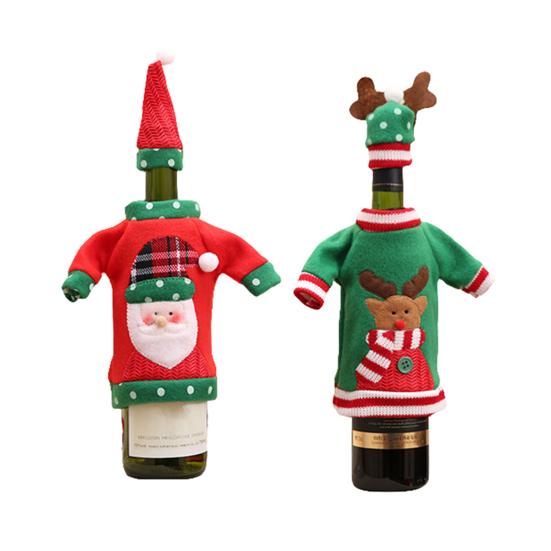 1 Set Bottle Cover Reusable Cartoon Pattern Knitted Fabric Christmas Winebottle Dress for Decorating