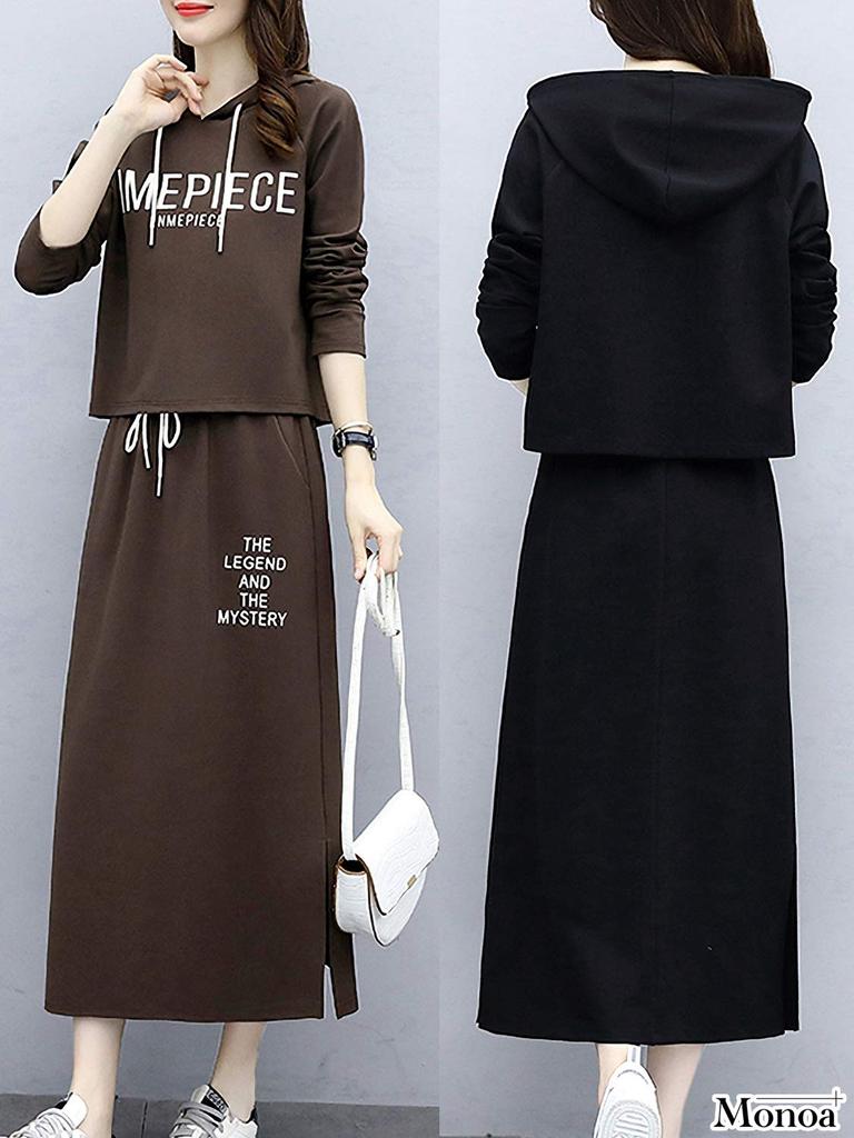 Monoa Loungewear Long Sleeve Print Hoodie and Size M Women's Set, Skirt, Black, (n1561)